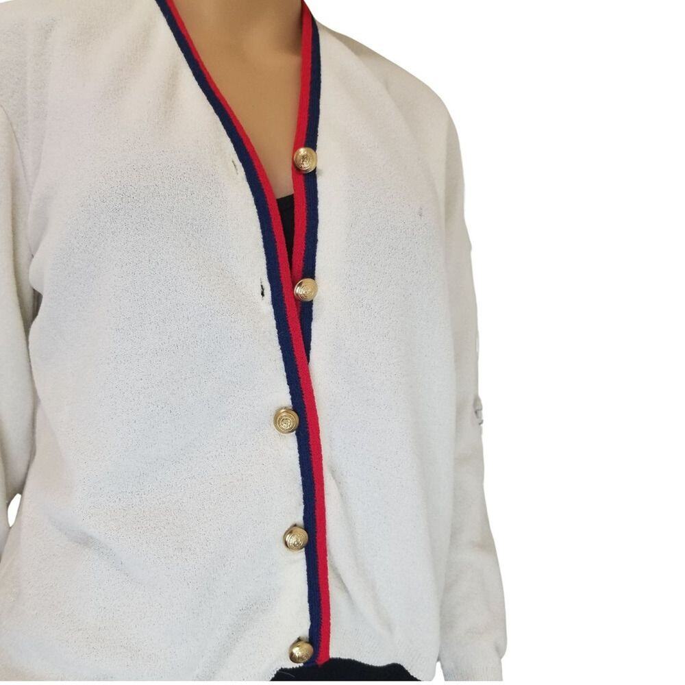 1950s White Cardigan Gold Button White Red Blue Trimmed Long Sleeve Sweater